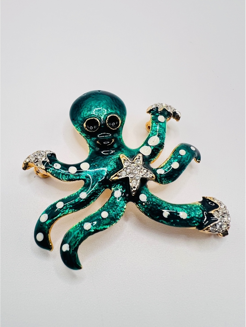 Teal Green Enamel Octopus Brooch Rhinestone Starfish Nautical Sea Life Pin